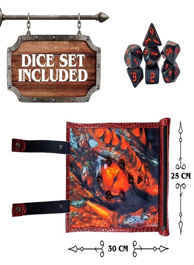 Power Beast Dungeon 2 in 1 Dragon Dice Rolling Mat & Dice Holder Dice Tray + Dice Set D&D Polyhedral DND 7pcs, Portable Foldable Gaming Scroll, Dungeons and Dragons, D&D, DND, RPG. (FIREDRAGON) - Image 2